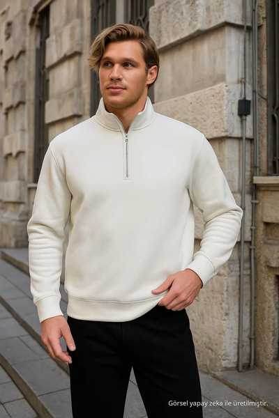 COMBİNE MİCHAİL Erkek Yarım Fermuarlı Bol Krem Sweatshirt