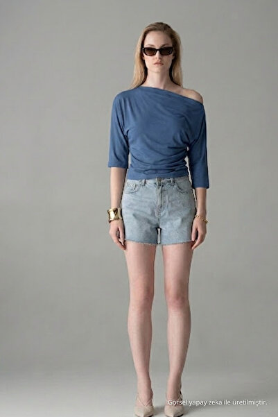 COMBİNE MİCHAİL Women's Short Sleeve Cotton Tight-Fitting Blue T-Shirt