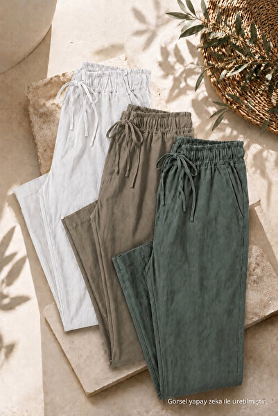 COMBİNE MİCHAİL Men's 3-Piece Loose Linen Trousers with Elastic Waist
