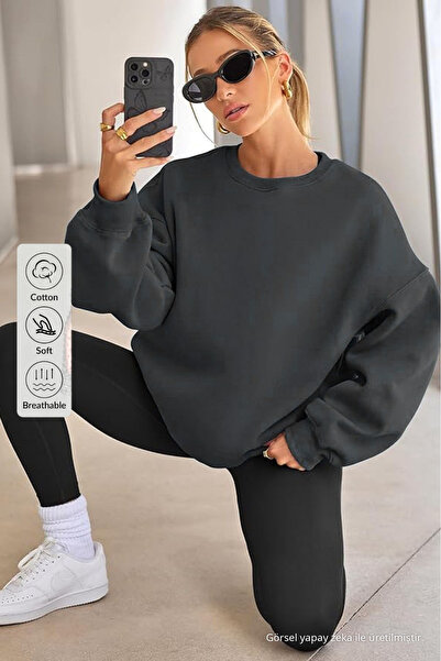 COMBİNE MİCHAİL Women's Crew Neck Basic Oversize Sweatshirt Smoked