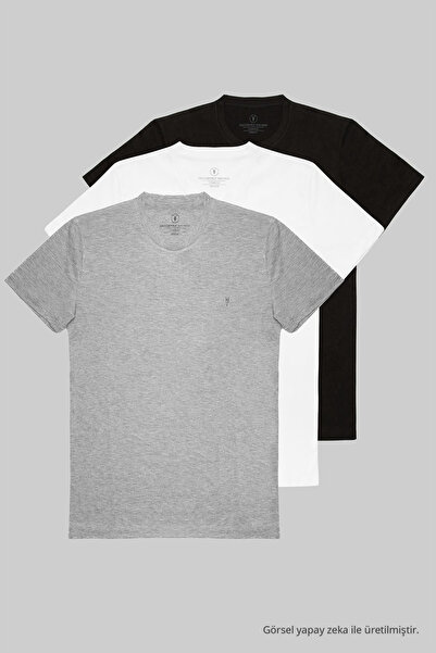 COMBİNE MİCHAİL Black White Gray 3-Piece Basic Crew Neck T-shirt