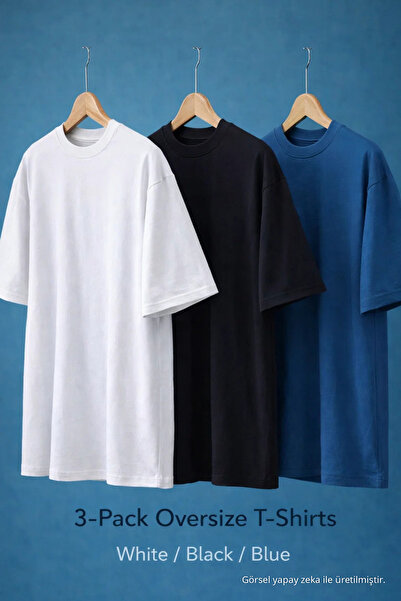COMBİNE MİCHAİL Men's Basic Short Sleeve Oversized 3-Piece T-Shirt