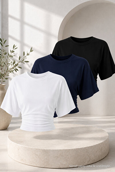 COMBİNE MİCHAİL Kadın Günlük Yarasa Kollu 3 Lü Dar Crop Bluz