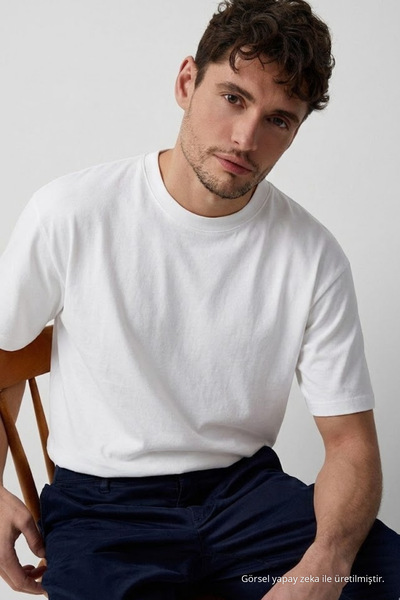 COMBİNE MİCHAİL Men's Crew Neck Ecru Oversized T-Shirt