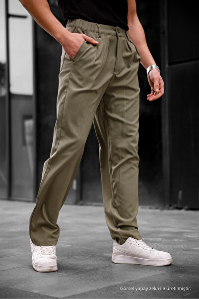 COMBİNE MİCHAİL Men's Baggy Fit Pleated Fabric Trousers Khaki