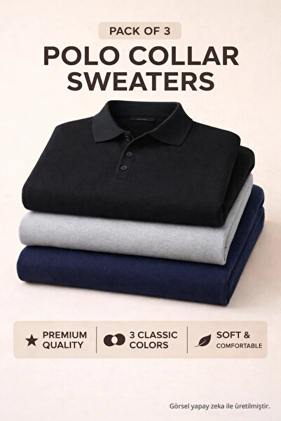COMBİNE MİCHAİL Men's Winter Polo Collar 3-Piece Knit Sweater