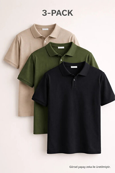 COMBİNE MİCHAİL Mens Short Sleeve Basic 3-Pack Polo Collar T-Shirt