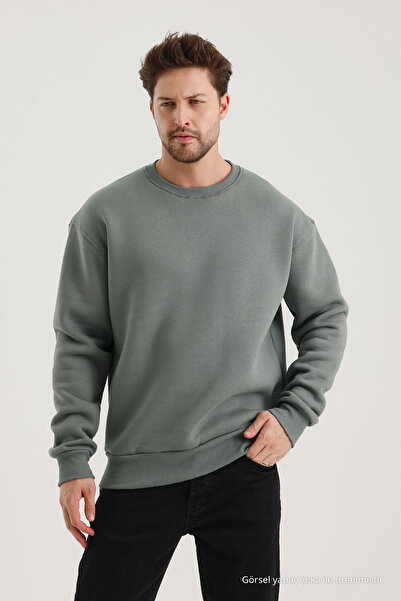 COMBİNE MİCHAİL Küf Rengi Bisiklet Yaka Oversize Şardonlu Basic Erkek Sweatshirt