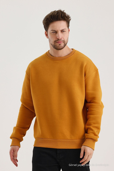 COMBİNE MİCHAİL Hardal Bisiklet Yaka Oversize Şardonlu Basic Erkek Sweatshirt