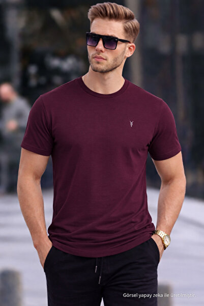 COMBİNE MİCHAİL Men's Crew Neck Slim Basic Claret Red T-Shirt