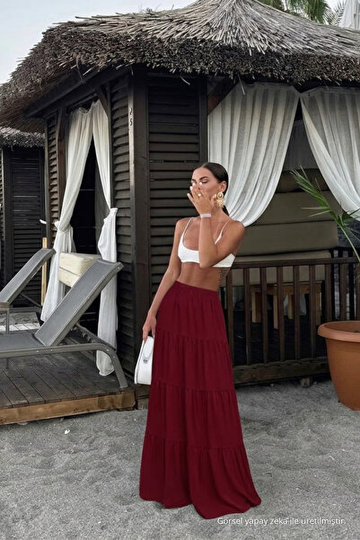 COMBİNE MİCHAİL Kadın Comfort Fit Basic Bordo Uzun Kloş Etek