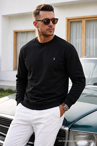 COMBİNE MİCHAİL Black Plain Sleeve Regular Men's Sweatshirt