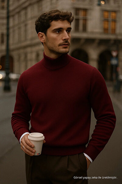 COMBİNE MİCHAİL Men's Long Sleeve High Neck Loose Burgundy Knit Sweater
