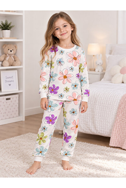 İsobel Girls' 100% Cotton Fabric White Color Flowers Patterned Long Sleeve In...