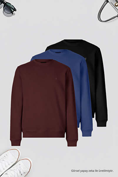 COMBİNE MİCHAİL Erkek 3-lü Siyah-indigo-Bordo Sweatshirt Basic Bisiklet Yaka