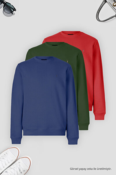 COMBİNE MİCHAİL Erkek 3-lü Indigo-kırmızı-haki Sweatshirt Basic Bisiklet Yaka