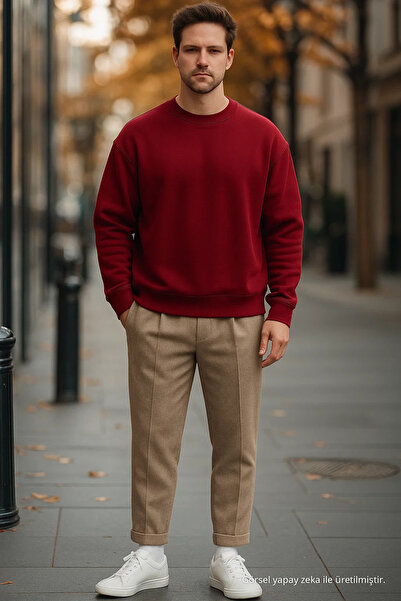 COMBİNE MİCHAİL Men's Casual Basic Burgundy Loose Sweater