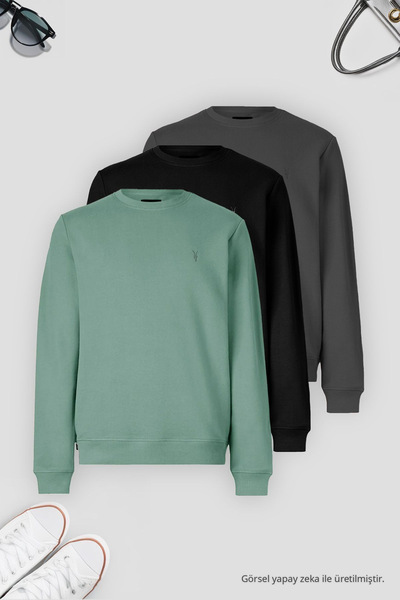 COMBİNE MİCHAİL Erkek 3-lü Füme-çağla-siyah Sweatshirt Basic Bisiklet Yaka