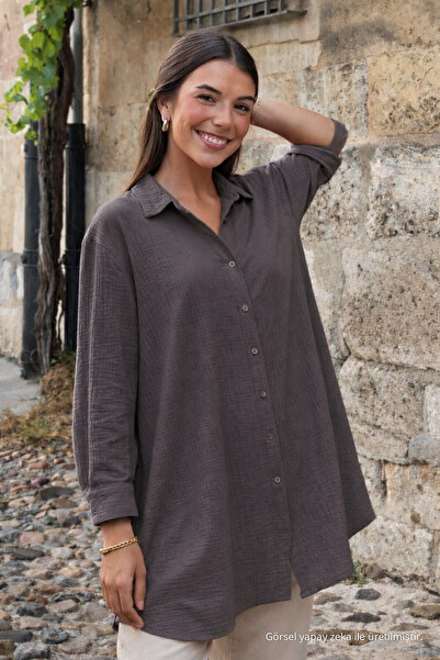 COMBİNE MİCHAİL Women's Cotton Long Sleeve Oversize Smoked Shirt