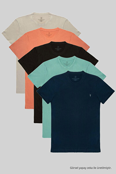 COMBİNE MİCHAİL Férfi Crew Neck Regular Fit Basic 5 részes póló Sötétkék-Cagl...