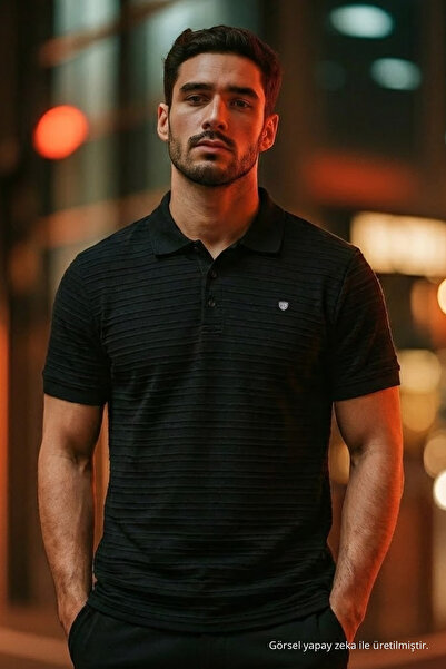 COMBİNE MİCHAİL Men's Short Sleeve Black Loose Polo Collar T-Shirt