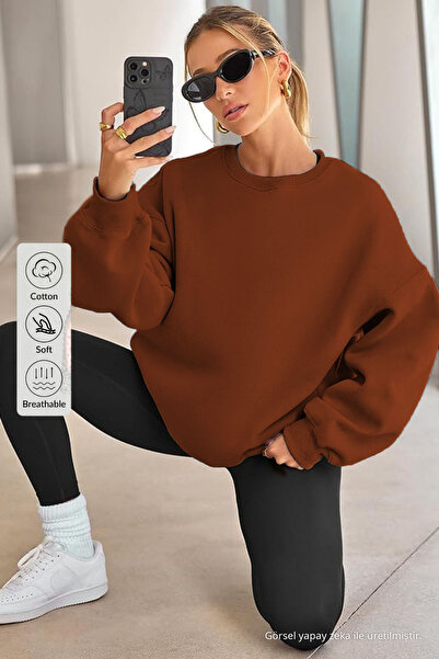COMBİNE MİCHAİL Women's Crew Neck Basic Oversize Sweatshirt Cinnamon