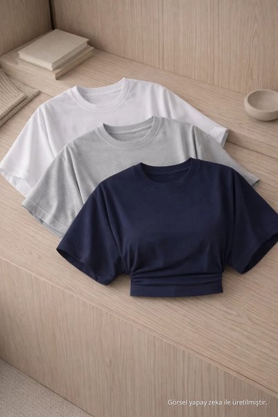 COMBİNE MİCHAİL Women's Crew Neck Basic 3-Piece Crop Blouse