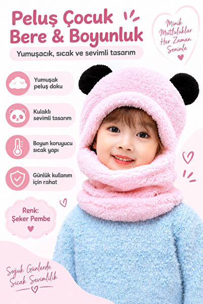 Nurnivus Sevimli Ayıcık Panda Çocuk Kapşonlu Kulaklı Peluş Bere Welsoft  Rüzg...