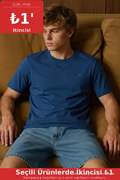 COMBİNE MİCHAİL Men's Short Sleeve Comfortable Cotton Indigo T-Shirt