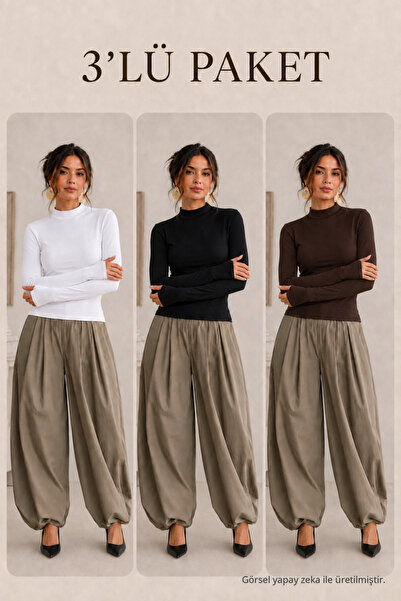 COMBİNE MİCHAİL Women's Half-Throat Slim Basic 3-Piece Blouse