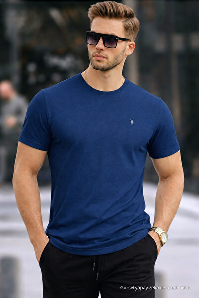COMBİNE MİCHAİL Men's Crew Neck Slim Basic Indigo T-Shirt