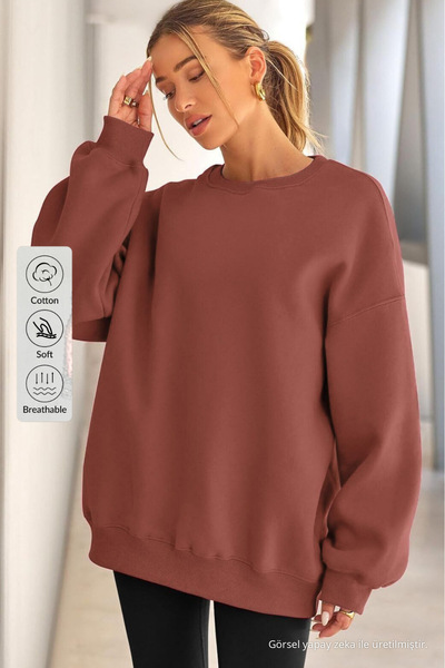 COMBİNE MİCHAİL Kadın Bisiklet Yaka Basic Oversize Sweatshirt GÜL KURUSU