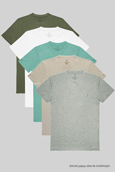 COMBİNE MİCHAİL Men's 5-Piece Relaxed Fit 100% Cotton Crew Neck T-Shirt Grime...