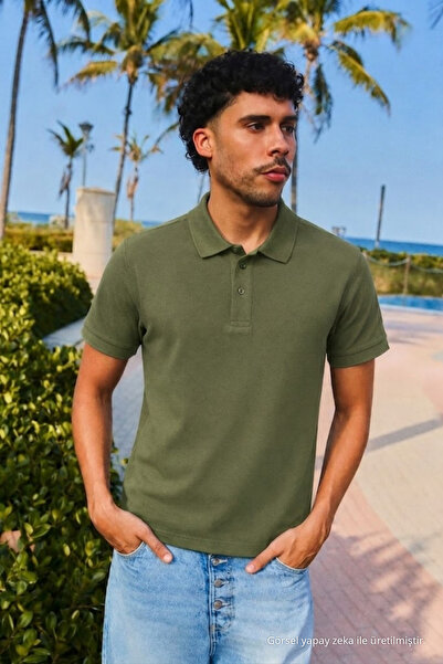 COMBİNE MİCHAİL Men's Short Sleeve Khaki Loose Polo Collar T-Shirt