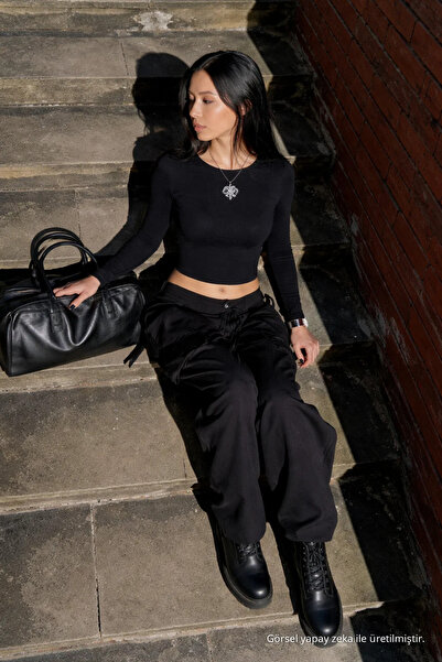 COMBİNE MİCHAİL Women's Long Sleeve Tight Black Crop T-Shirt