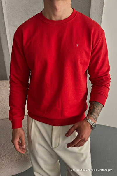 COMBİNE MİCHAİL Men's Loose Textured Flare Red Sweatshirt