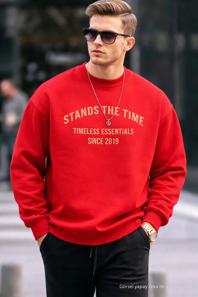 COMBİNE MİCHAİL Men's Time Print Relaxed Red Sweatshirt