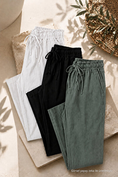 COMBİNE MİCHAİL Men's 3-Piece Loose Linen Trousers with Elastic Waist