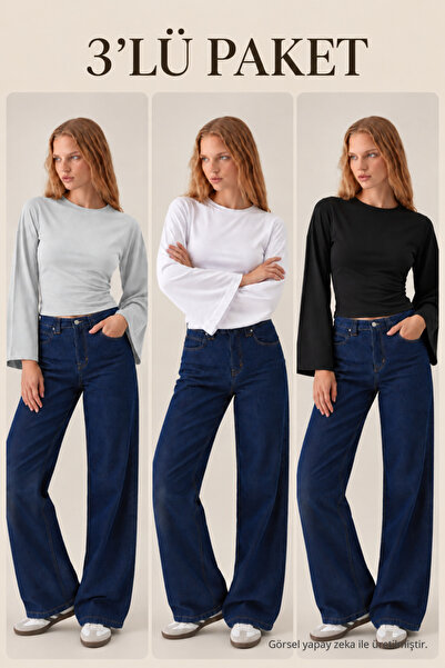 COMBİNE MİCHAİL Kadın Uzun Yarasa Kollu 3 Lü Crop Bluz