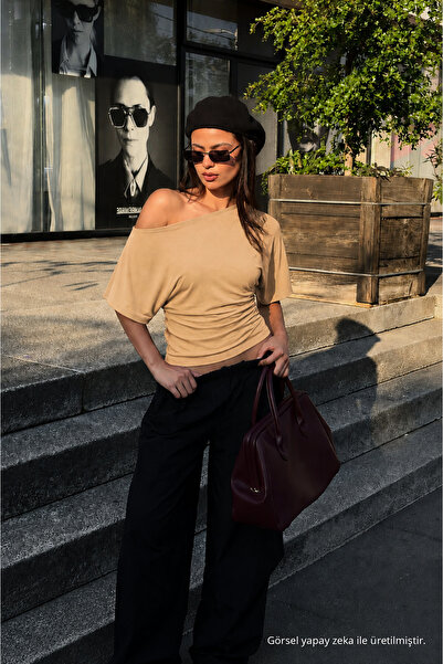 COMBİNE MİCHAİL Kadın Günlük Casual Dar Bej Crop Bluz