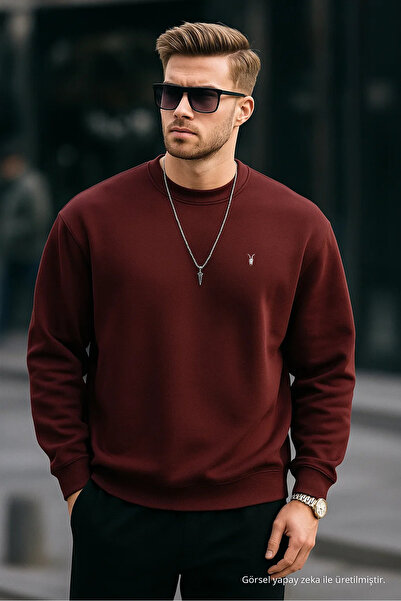 COMBİNE MİCHAİL Bordo Renk Basic Bisiklet Yaka Relaxed Regular Erkek Sweatshirt