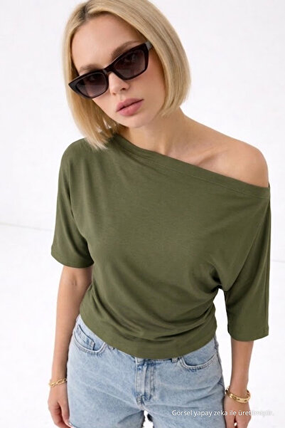 COMBİNE MİCHAİL Women's Off-The-Shoulder Cotton Khaki Slim Fit T-Shirt