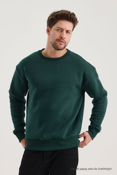 COMBİNE MİCHAİL Koyu Yeşil Bisiklet Yaka Oversize Şardonlu Basic Erkek Sweats...