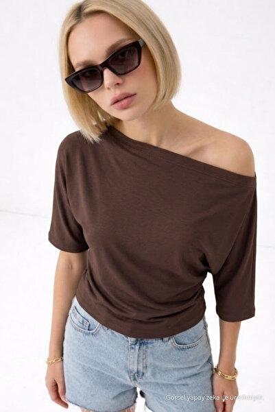COMBİNE MİCHAİL Women's Off-The-Shoulder Cotton Coffee Color Slim T-Shirt