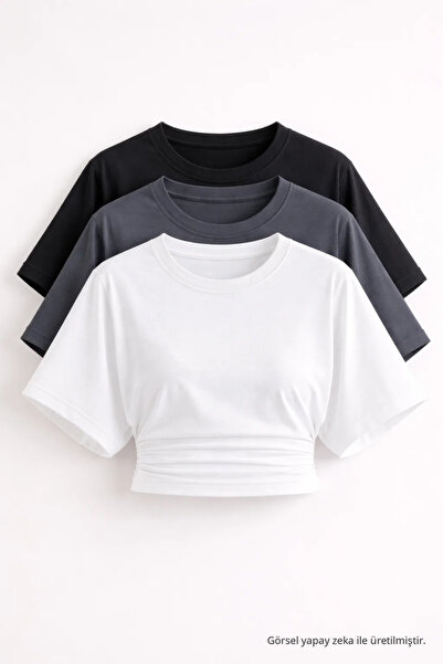 COMBİNE MİCHAİL Kadın Yarasa Kollu Basic Dar 3 Lü Crop Bluz