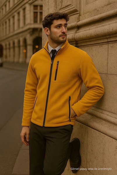 COMBİNE MİCHAİL Men's Mock Neck Zippered Yellow Loose Fleece