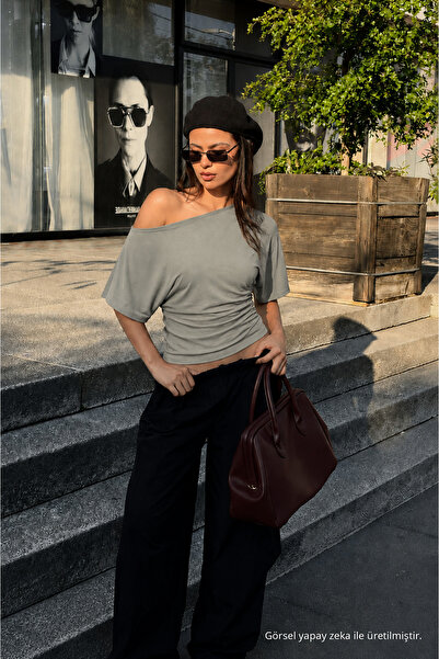 COMBİNE MİCHAİL Kadın Günlük Casual Dar Gri Crop Bluz