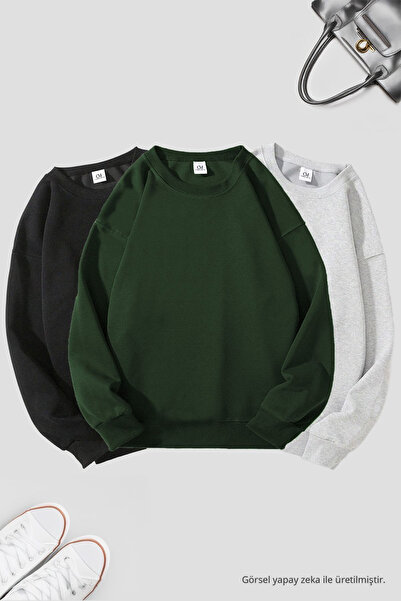 COMBİNE MİCHAİL Unisex 3'Lü Siyah Koyu Yeşil Grimelanj Bisiklet Yaka Oversize...