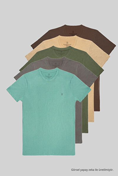 COMBİNE MİCHAİL Pánské 5dílné tričko Crew Neck 100% bavlna káva-béžová-khaki-...