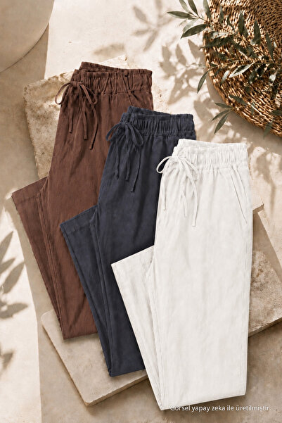 COMBİNE MİCHAİL Men's 3-Piece Loose Linen Trousers with Elastic Waist